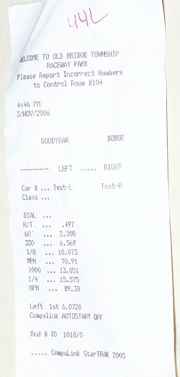 2001 Mercury Grand Marquis - A drag strip time slip shows race data including R/T, 60', 330, 1/8, 1000, 1/4, and MPH.