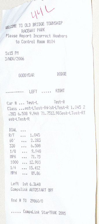 2001 Mercury Grand Marquis - A time slip document from a raceway park details performance metrics for a vehicle's run.