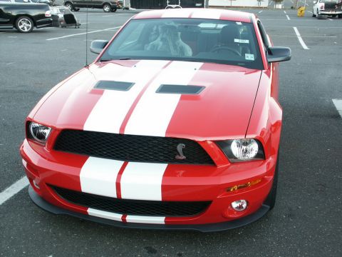2001 Mercury Grand Marquis - A red Ford Mustang Shelby GT500 is parked in a lot, showing its distinctive racing stripes and grille emblem.
