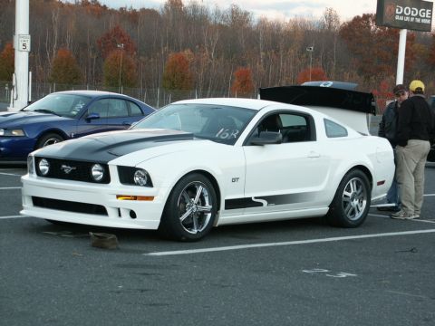 2001 Mercury Grand Marquis - White Ford Mustang GT and a blue Ford Mustang parked in a lot with a Dodge sign in the background.