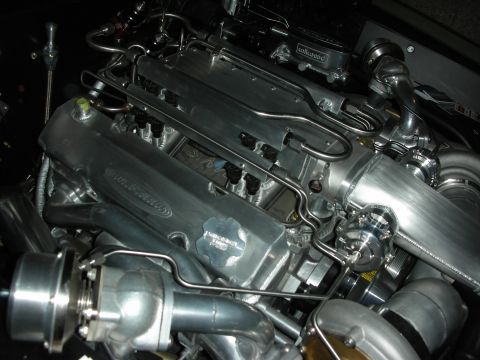 1998 Ford Crown Victoria - heavily polished supercharged engine with large intercooler piping and a blower fills a dark engine bay.