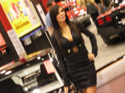 1998 Ford Crown Victoria - woman in a long-sleeved black dress poses beside polished display cars at a convention-center booth.