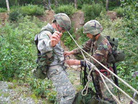 2003 Jeep TJ - Soldiers practice rappelling techniques in a wooded outdoor environment, utilizing ropes and safety equipment.