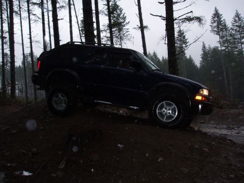 1995 Ford Bronco - A dark blue SUV navigates a muddy incline in a dense forest setting.