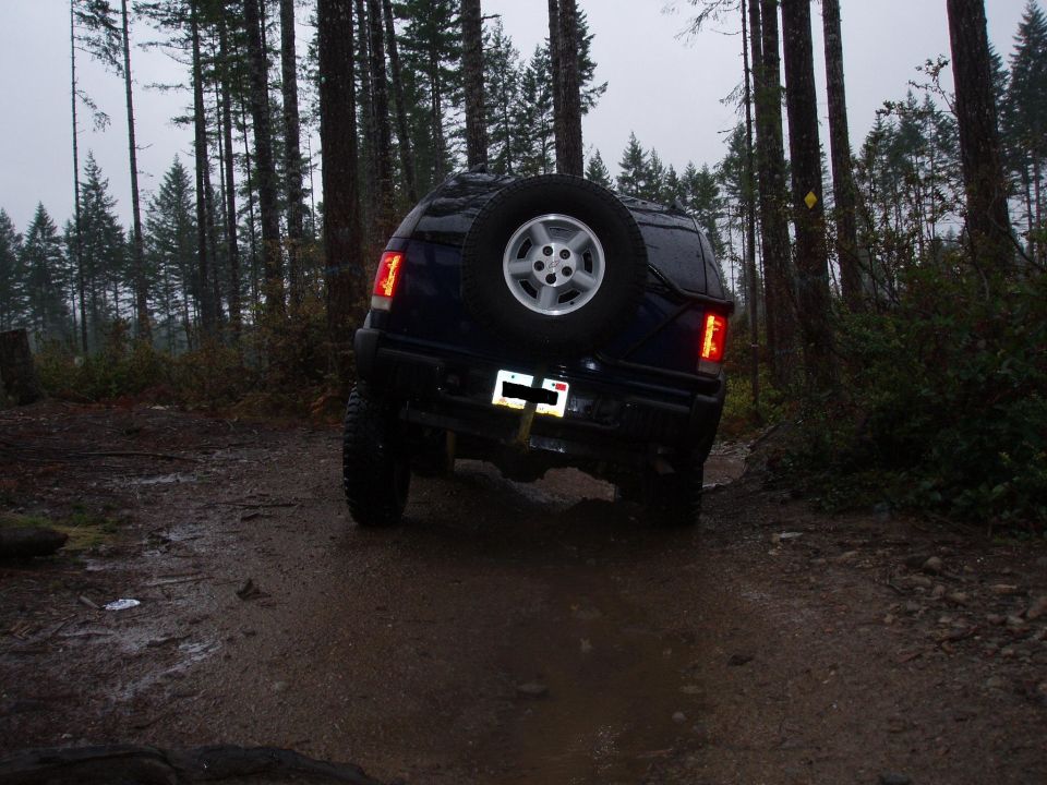 Dark blue SUV with spare tire on rear door, rear view on muddy forest road