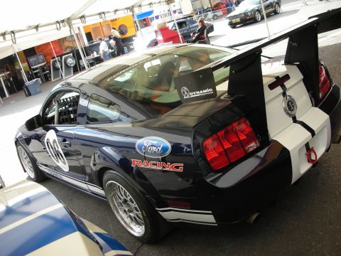 1998 Ford Crown Victoria - dark blue Mustang with white stripes, Ford Racing decals and a tall rear wing is shown from the rear three-quarter.