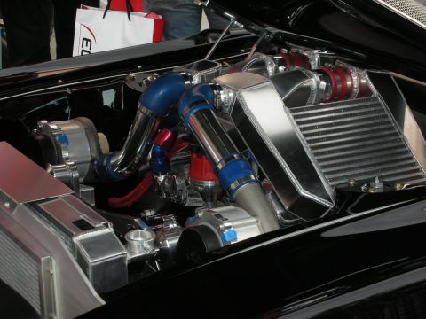 1998 Ford Crown Victoria - highly polished engine bay packed with blue and red braided hoses, chrome piping and a large intercooler.