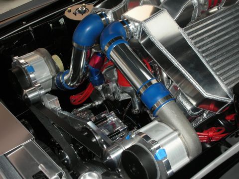 1998 Ford Crown Victoria - close-up of a show engine bay shows a chrome alternator, blue silicone hoses and red braided fittings.