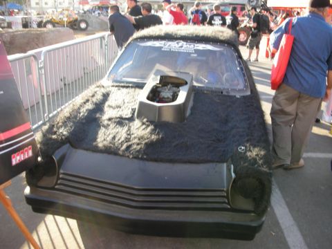 1998 Ford Crown Victoria - black fur-covered car shows a hood scoop revealing a chrome engine, displayed behind a barricade as a crowd passes.