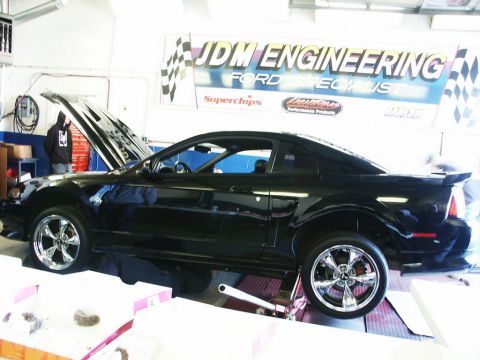 2001 Mercury Grand Marquis - A black Ford Mustang coupe is on a lift in a garage with the hood open, under a JDM Engineering banner.