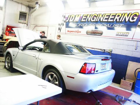 2001 Mercury Grand Marquis - Silver convertible sports car positioned on a dynamometer in a workshop environment.