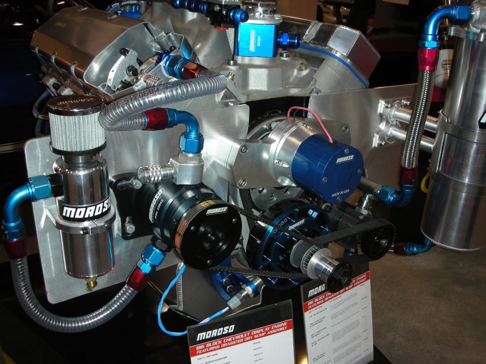 Moroso dry-sump display engine with blue braided lines and pumps