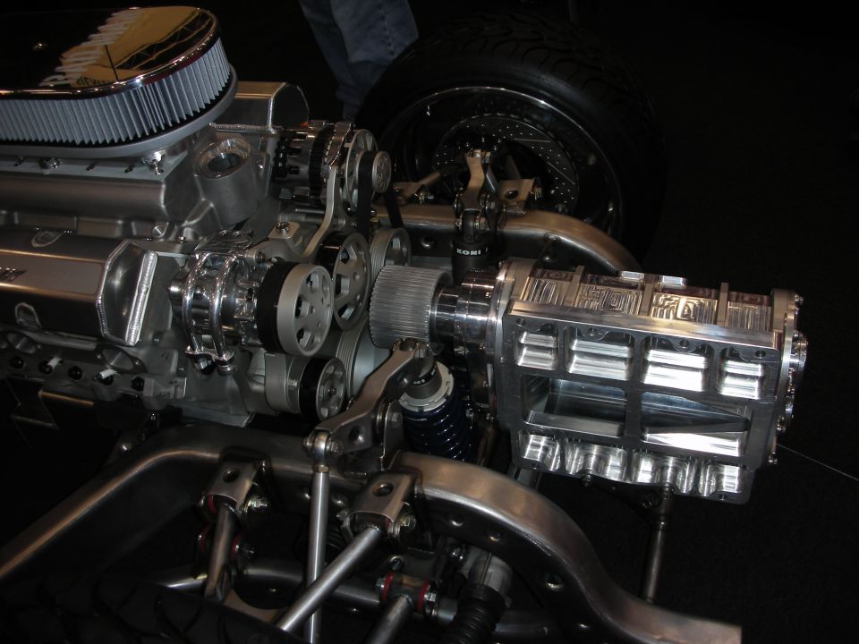 Polished blown V8 engine with supercharger in a custom chassis