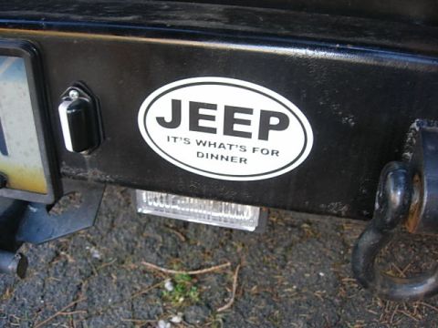 1993 Ford Bronco - A bumper features a sticker proclaiming 'Jeep: It's What's For Dinner', alongside a tow hitch and license plate light.