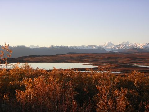 1982 Chevrolet C/K Pickup - Expansive landscape mountains, a lake, and fall foliage under a clear sky.