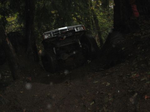 1990 Ford Bronco - Ford Bronco navigating a wooded trail with steep inclines.