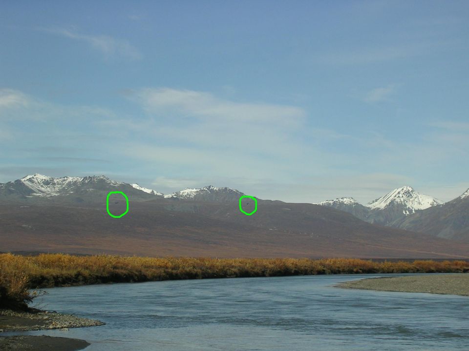 Mountains with snow-capped peaks and a winding river in the foreground under a blue sky