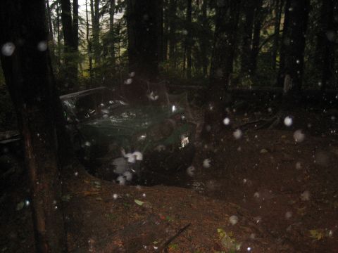 1990 Ford Bronco - A vehicle is partially visible in a forest setting, with rain or water droplets in the air.