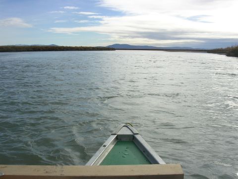 1982 Chevrolet C/K Pickup - View from a canoe moving down a wide river with distant hills and a cloudy sky.