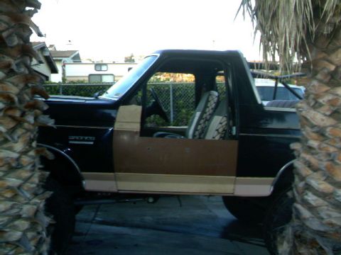 1989 Ford Bronco - The side profile of a classic Ford Bronco is visible, partially obscured by palm trees.
