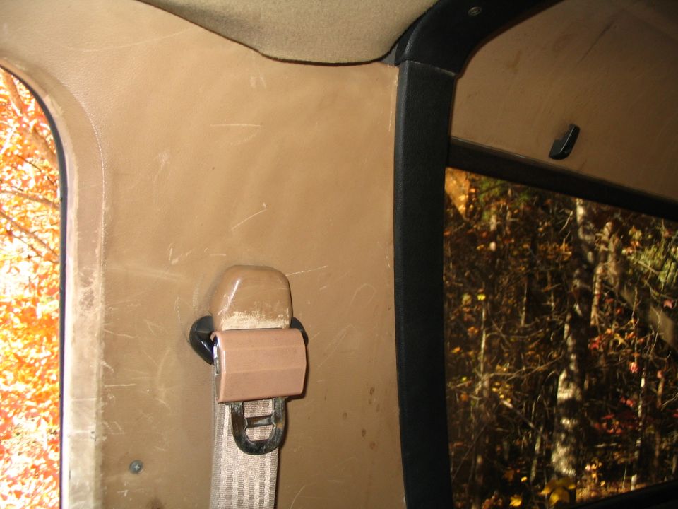 Tan interior panel with a beige seatbelt mechanism and a window showing autumn trees