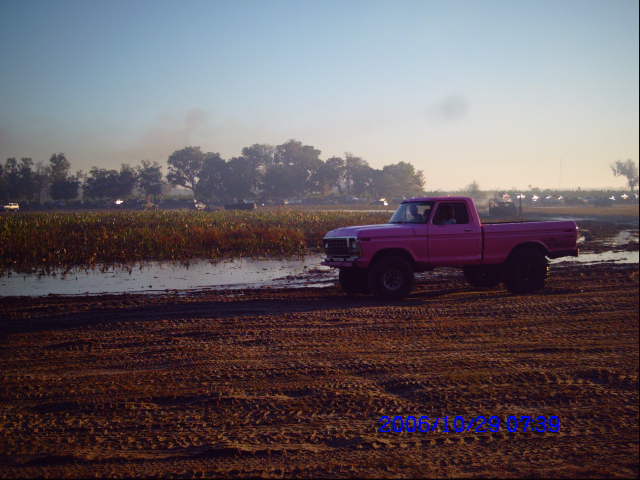 Pink pickup truck parked on muddy ground with water and trees in background
