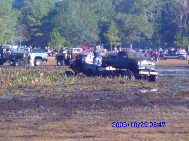 Mud bog event with multiple trucks stuck in the mud, trees in background
