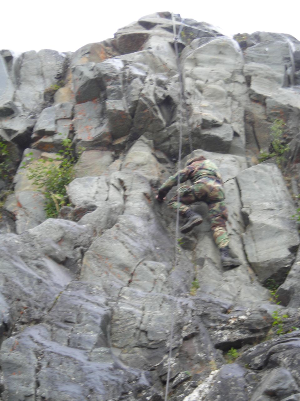 Person in camouflage rappelling down a steep, gray rock face with green foliage