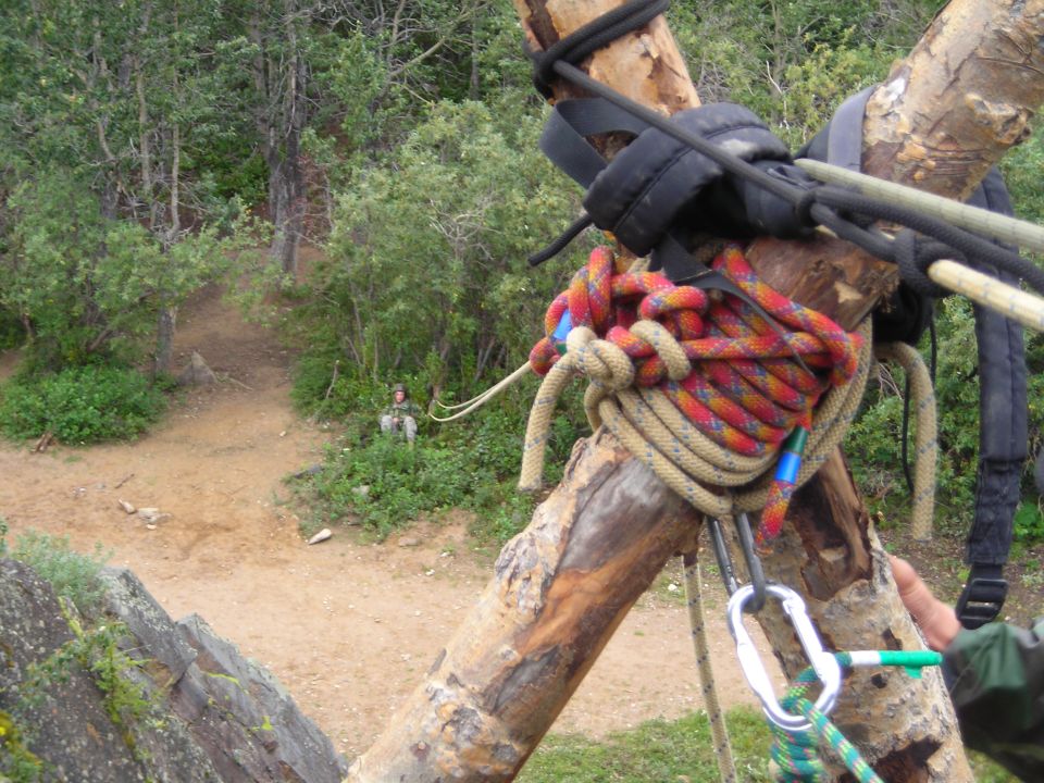 Ropes and carabiners secured to wooden poles in a wooded area with a person sitting in the background