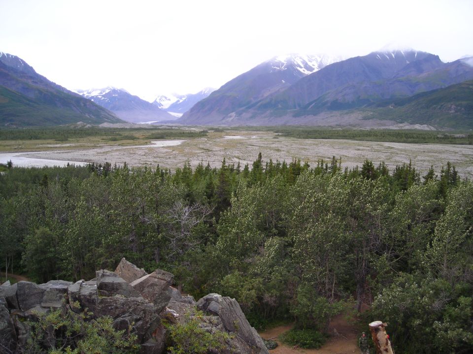 Mountain valley landscape with a river, trees in the foreground, and snow-capped mountains in the distance