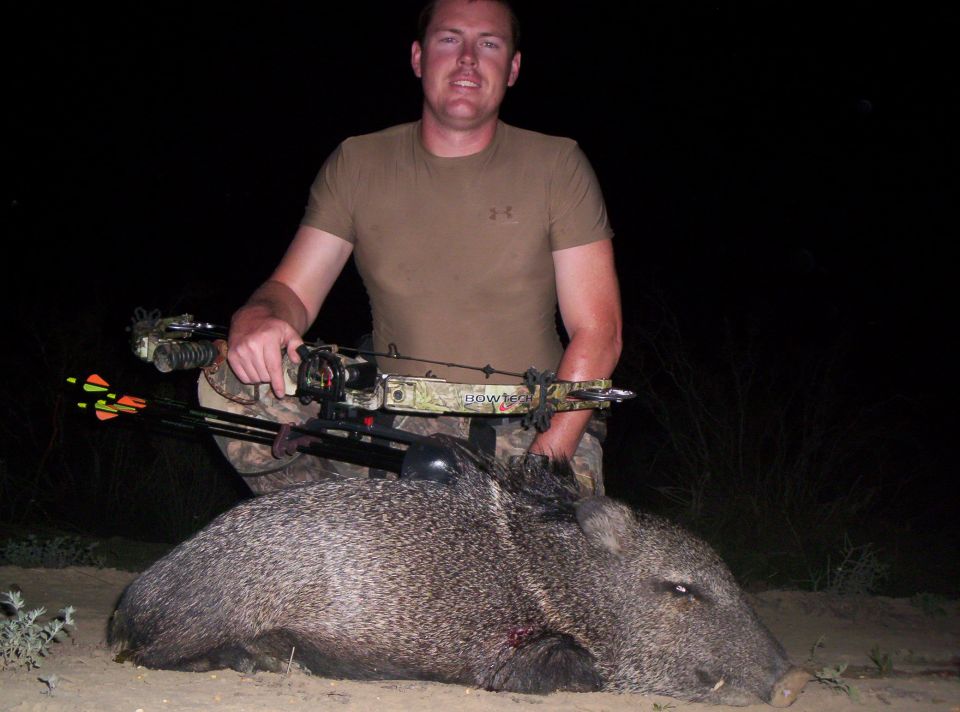 Man in t-shirt and camouflage pants kneels behind a dead javelina, holding a compound bow with arrows