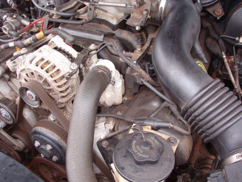 1999 Ford Crown Victoria - Close-up view of a vehicle's engine compartment, showing various components like the alternator and air intake.