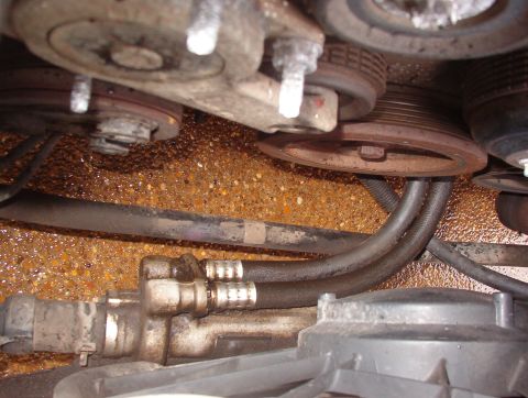 1999 Ford Crown Victoria - Engine pulleys and hoses shown in detail, with water droplets on the metal components.
