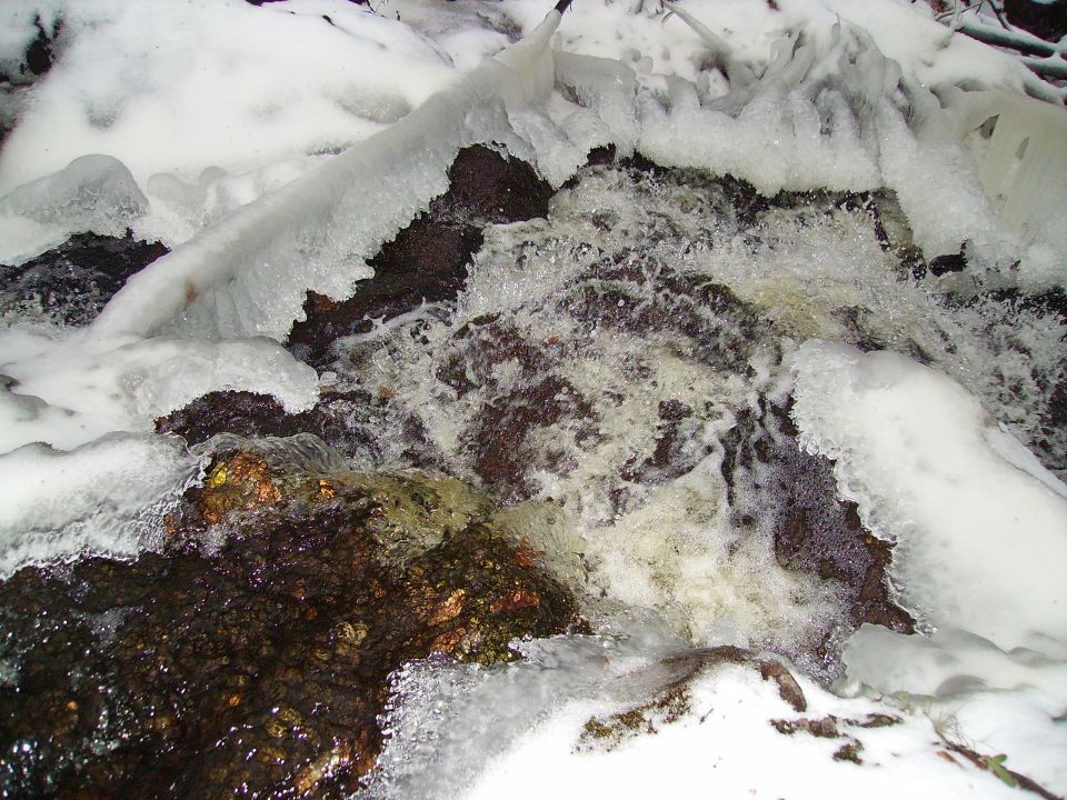 Frozen stream with white water and ice. Supermotors.net logo visible