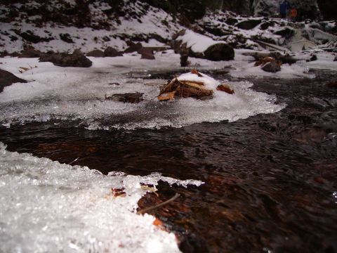 2000 Chevrolet Tahoe - A partially frozen stream flows over rocks and fallen leaves in a snowy wooded area.