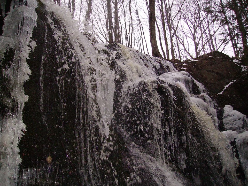 Frozen waterfall with ice formations and bare trees in the background
