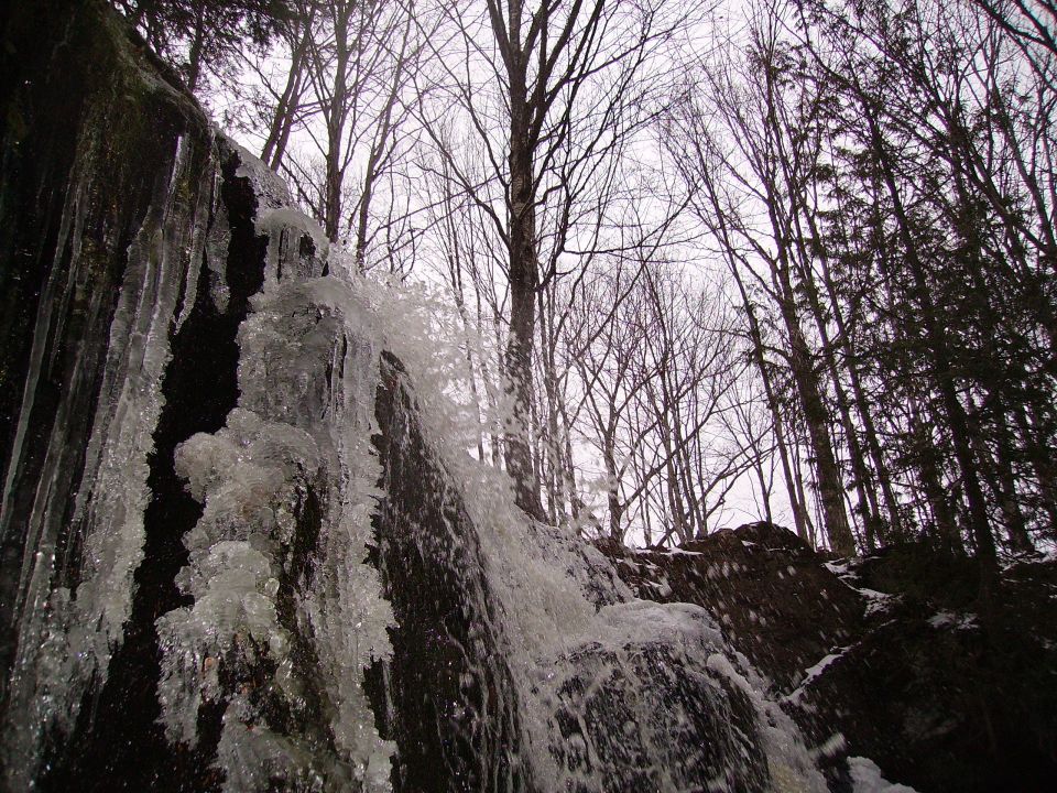 Frozen waterfall cascading down rocks with bare trees in the background