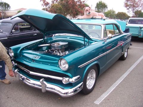 2002 Ford Mustang - A teal 1955 Ford Fairlane coupe is displayed with its hood open, while a stuffed dog rests on its roof.