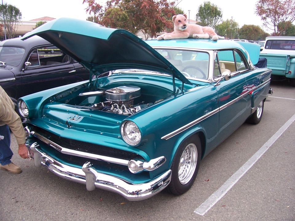 Teal 1955 Ford Fairlane coupe, hood open, with a stuffed dog on the roof