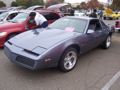 2002 Ford Mustang - A gray 1982 Pontiac Firebird is parked at an outdoor event with other vehicles.
