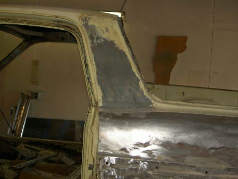 1967 Ford Ranchero - The door frame of a 1967 Ford Ranchero shows signs of repair and bodywork.