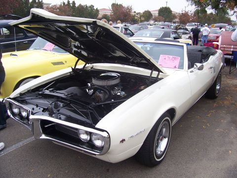 2002 Ford Mustang - A white 1967 convertible is displayed with its hood open, revealing the engine compartment.