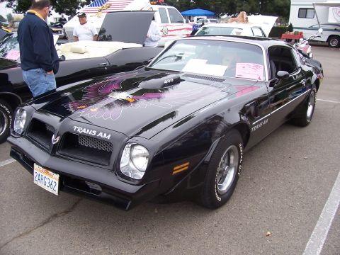 2002 Ford Mustang - A black 1977 Pontiac Trans Am with a prominent hood decal and "Trans Am" badging is displayed at an outdoor event.