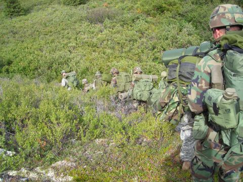 2003 Jeep TJ - A group of soldiers carrying heavy packs trek through a dense, green, and brushy terrain.