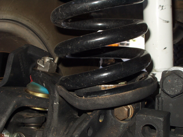 Black coil spring in lower perch with blue ball joint boot on vehicle suspension