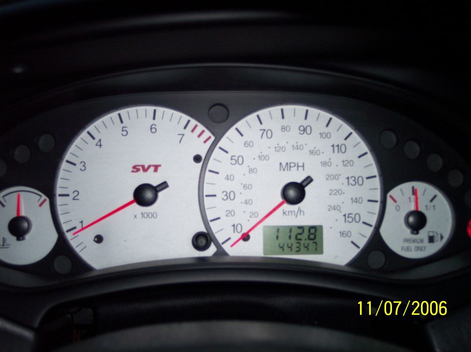 Dashboard gauges with SVT logo, speedometer reads 0 mph, tachometer reads 0 RPM, odometer shows 44347 miles