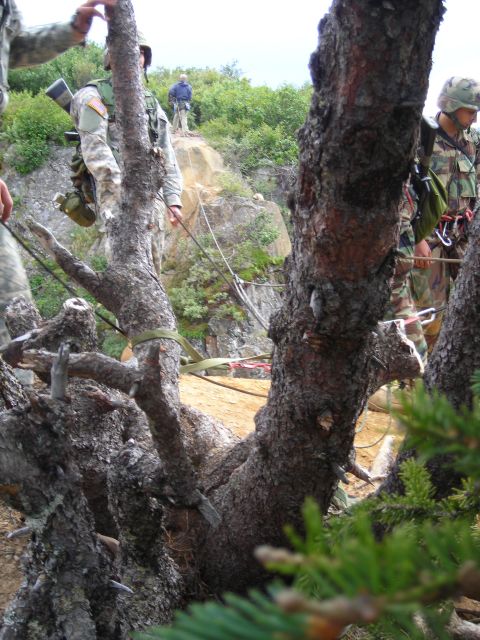2003 Jeep TJ - Soldiers are engaged in an operation on a steep, rocky terrain, with trees obscuring the view.