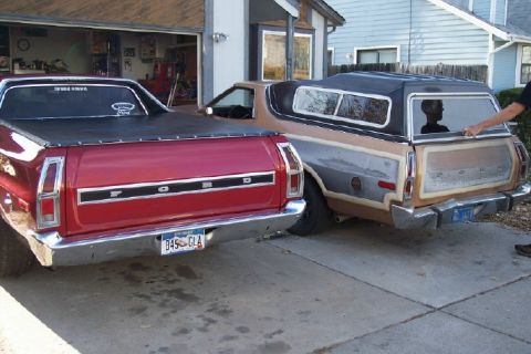 1972 Ford Ranchero - Two Ford Rancheros are parked in a driveway, one red and one tan with a camper shell.