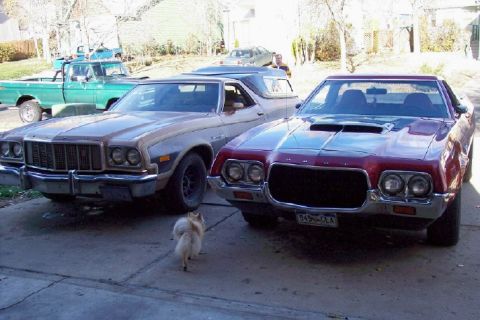 1972 Ford Ranchero - Two Ford Rancheros are parked in a driveway. The front vehicle is red and the one behind it is tan. A green truck is visible in the backgro…