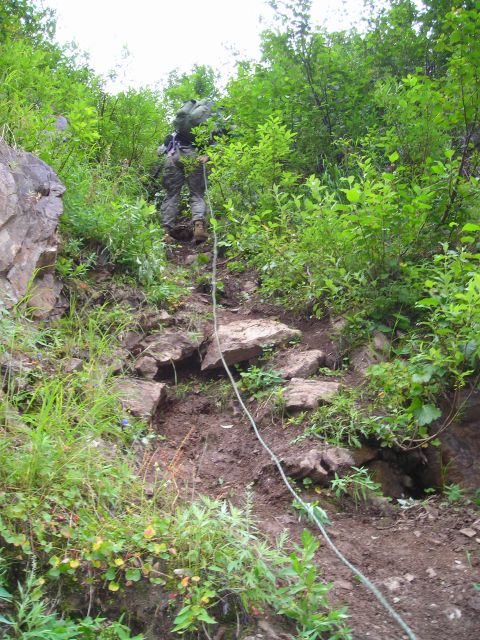 2003 Jeep TJ - A person ascends a challenging, vegetated slope using a rope for assistance.